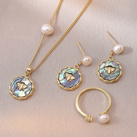 Bee Jewelry Set With Freshwater Pearl And Abalone Shell Titanium Steel Necklace Earrings Open Ring For Women Elegant Retro