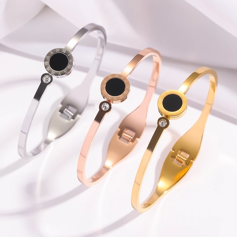 Brazalete de Moda de Acero Inoxidable con Números Romanos para Mujer Lujo Oro Rosa Oro Plata Color Disco Negro Zirconia Joyería Regalo