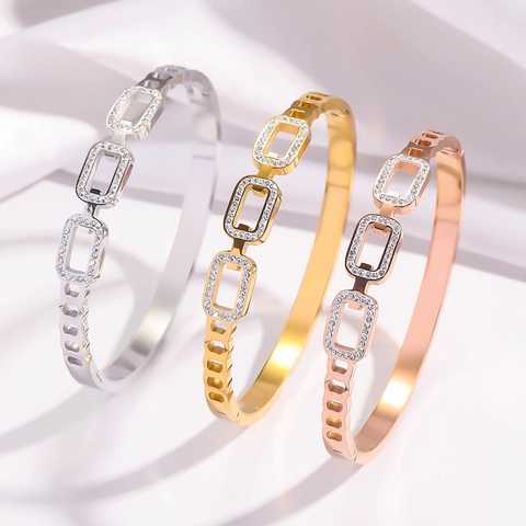 Fashion Minimalist Stainless Steel Rhinestone Bangle Hollow Geometric Rectangle Linked Clasp Cuff Bracelet For Women Daily Commute Jewelry