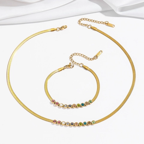 Collana E Bracciale In Acciaio Inossidabile Con Zircone Colorato Placcato Oro 18K Catena A Serpente Geometrica Gioielli Donna