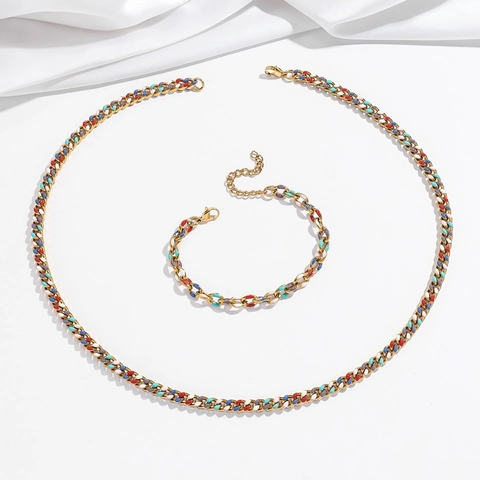 Collana E Bracciale A Catena In Acciaio Inossidabile Con Punti Geometrici In Smalto Colorato Trendy Bohemien Donna Gioielli