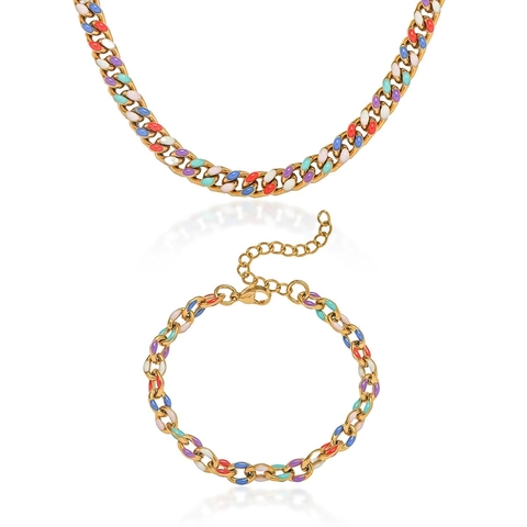 Collana E Bracciale A Catena In Acciaio Inossidabile Con Punti Geometrici In Smalto Colorato Trendy Bohemien Donna Gioielli