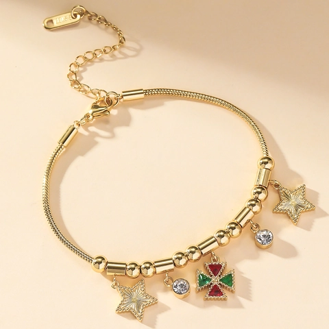 Bracciale Con Ciondoli In Acciaio Inossidabile Placcato Oro Catena Serpente Stella Zircone Croce Colorata Gioielli Retro