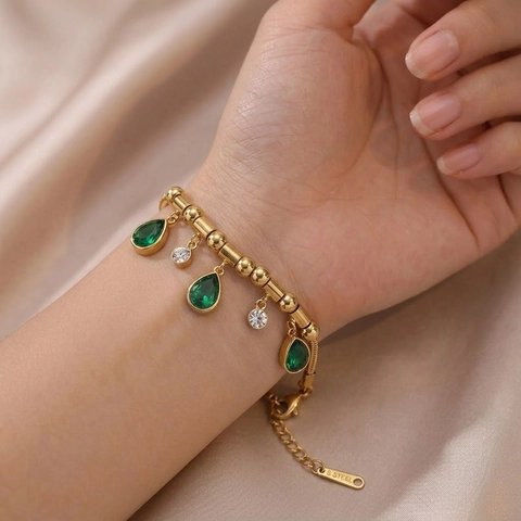 Bracciale Catena Serpente Acciaio Inossidabile Placcato Oro Con Zircone Goccia Verde Smeraldo E Zirconia Cubica Bianca
