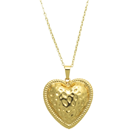 Heart Necklace And Earrings 18K Gold Plated Stainless Steel Hammered Texture Beaded Edge Vintage Elegant Jewelry For Women