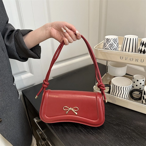 Damen Mode PU Leder Schultertasche Mit Goldener Schleife Magnetverschluss Kleine Quadratische Umhängetasche Für Den Alltag