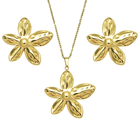 Flor Elegante Acero Inoxidable Chapado Oro 18K Textura Martillada Collar Colgante Y Pendientes Mujer