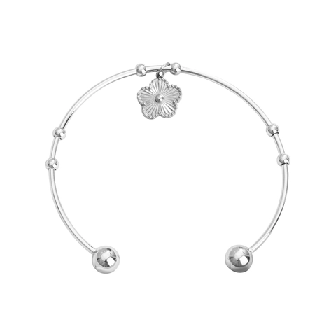 Brazalete Abierto De Acero Inoxidable Para Mujer Con Colgante De Flor Con Textura Radiante Y Detalles De Cuentas Joyería Elegante