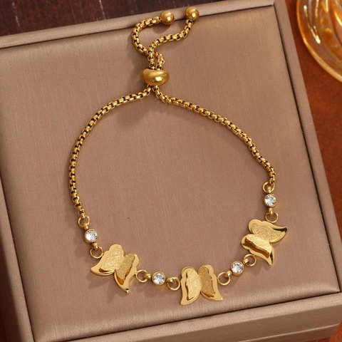 Bracciale Farfalla Oro Per Donna Acciaio Inossidabile Zirconia Cubica Regolabile Bolo Catena Box Gioielli Pendente Satinato