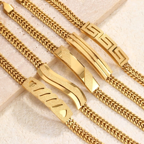 Fashion Stainless Steel Gold Plated Bracelet For Women Men Hip Hop Geometric Greca Heart Wave Pattern Frosted Bar Bangle Jewelry Gift