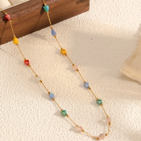 Collier En Acier Inoxydable Avec Perles De Cristal Facettées Colorées Plqué Or Style Ethnique Bijoux Exotiques