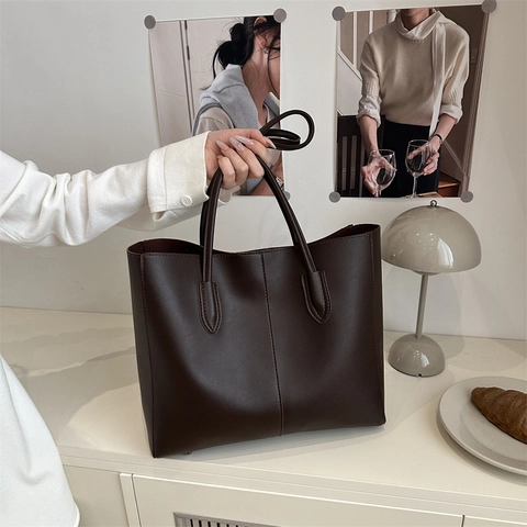 Large Capacity PU Leather Tote Bag And Pouch For Women Vintage Solid Color Commuter Shoulder Bag With Magnetic Buckle