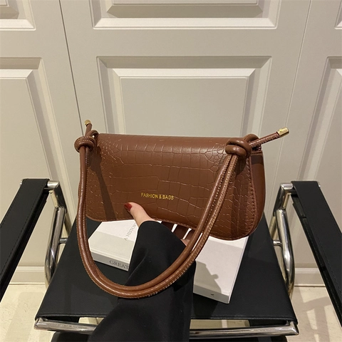 Sac Sous l'Aisselle en Cuir PU Motif Crocodile pour Femmes Sac Bandoulière Mode Couleur Unie Carré Navetteur Main