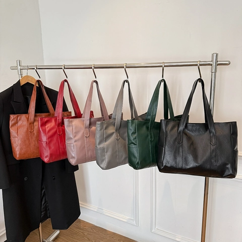 Sac Cabas Femme en Cuir PU Grande Capacité Urbain Minimaliste Couleur Unie Sac à Épaule pour Navetteur Avec Poches Latérales