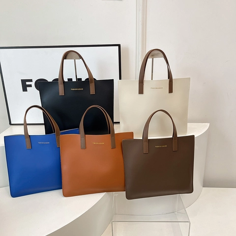 Dames Grote Capaciteit PU Leren Tote Tas Mode Contrast Handvat Forenzen Schoudertas Dagelijkse Casual Boodschappentas