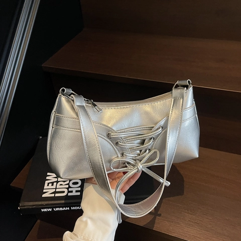 Borsa Sottobraccio da Donna con Lacci e Fiocco Pelle PU Lucida Metallica Borsa a Tracolla Retro Y2K Street Style Piccola Borsa a Mano