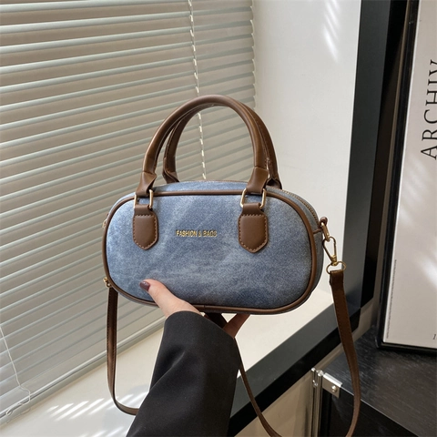Dames Mode Vintage Boston Tas Denim Canvas Handtas Kleurblok Crossbody Schoudertas Met Verstelbare Riem Dagelijkse Tas