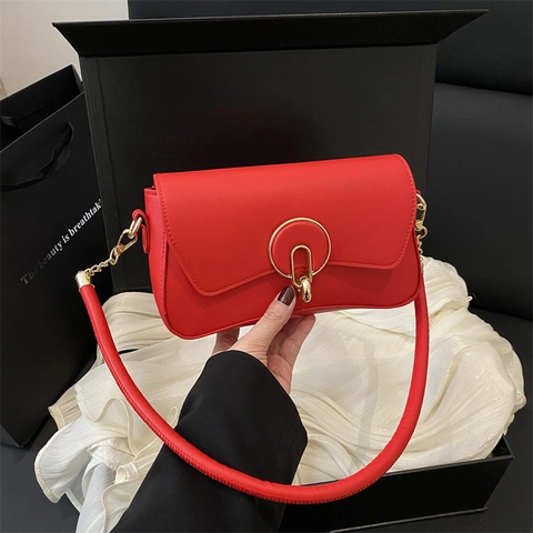 Retro PU Leather Small Square Shoulder Bag For Women Solid Color Commuter Underarm Bag With Golden Metal Buckle Chain Strap