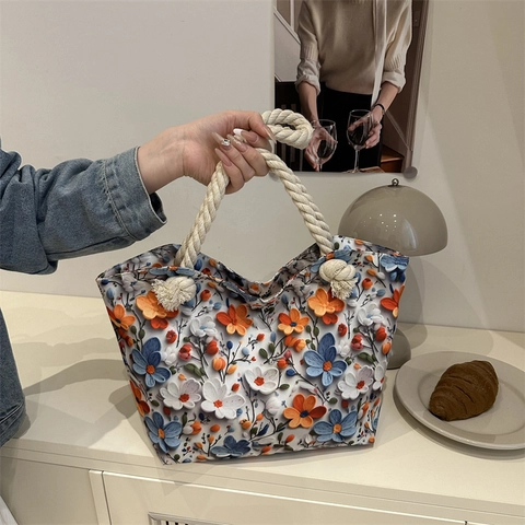 Borsa Tote In Tela Floreale Vintage Grande Capacità Borsa A Spalla Fiori 3D Con Manico In Corda Per Donna Borsa Da Spiaggia