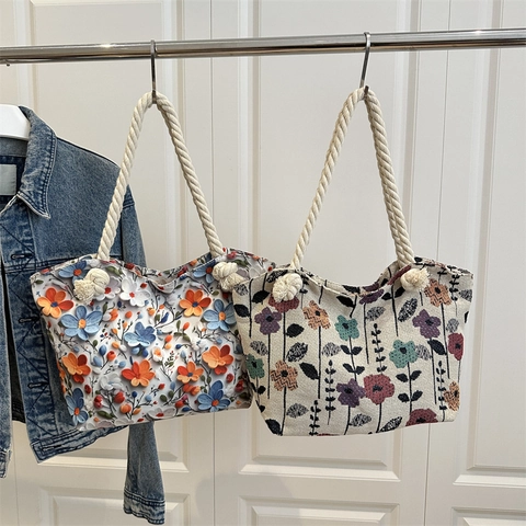 Borsa Tote In Tela Floreale Vintage Grande Capacità Borsa A Spalla Fiori 3D Con Manico In Corda Per Donna Borsa Da Spiaggia