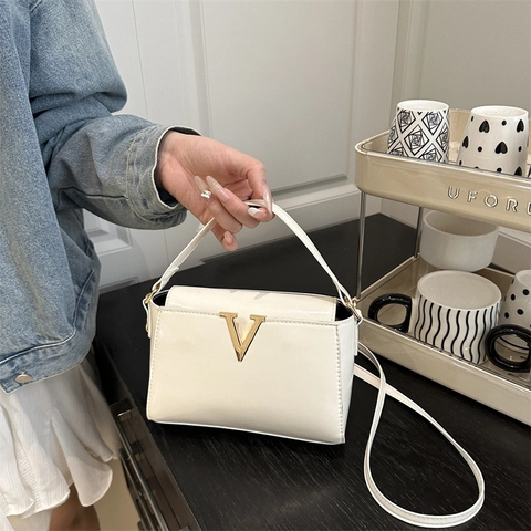 Bolso Bandolera de Cuero PU Vintage para Mujer Logo en V de Metal Pespuntes Bolso de Mano Viaje Diario Bolso Cuadrado con Solapa