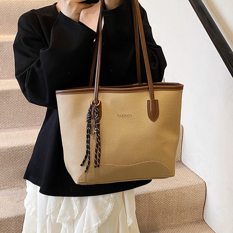 Mujeres Gran Capacidad Bolso Tote Casual Cuero PU Color Sólido Bolso de Hombro Patrón Litchi Retro Bolso de Mano