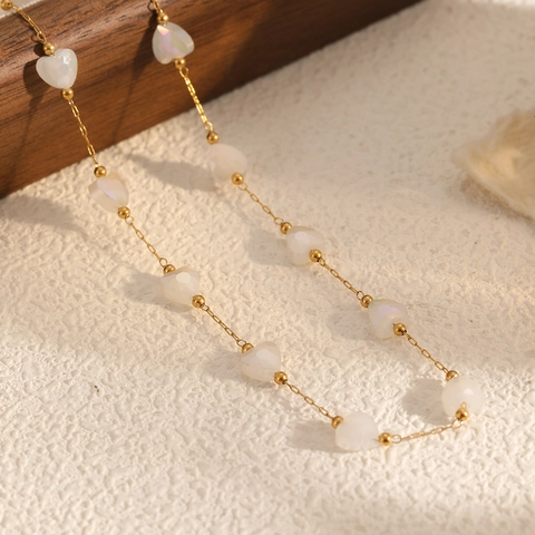 Stainless Steel Heart Shaped Glass Crystal Beaded Necklace For Women Sweet Elegant Gold Plated Jewelry Sweet Accessory