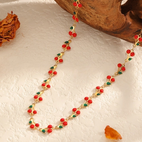304 Stainless Steel Cherry Fruit Necklace For Women Gold Plated Drip Oil Enamel Sweet Vacation Jewelry Adjustable Chain