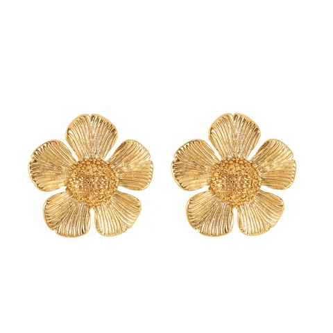 Flower Stud Earrings Stainless Steel 18K Gold Plated Five Petal Brushed Texture Elegant For Women