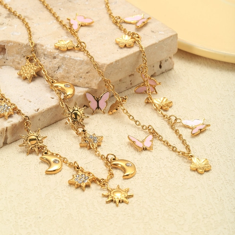 Collana Con Pendente Sole Luna Stella Acciaio Inossidabile Placcato Oro 18K Zircone Gioielli Celestiali Boho Per Donna Elegante