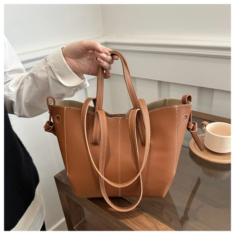 Borsa Tote Da Donna In Pelle PU Grana Litchi Grande Capacità Cuciture A Contrasto Decorazione Con Nodo Laterale Borsa Chic Con Tracolla