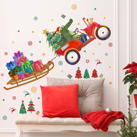 Christmas Crocodile Driving Car Wall Sticker PVC Self Adhesive Decal For Kids Room Living Room Holiday Home Decoration