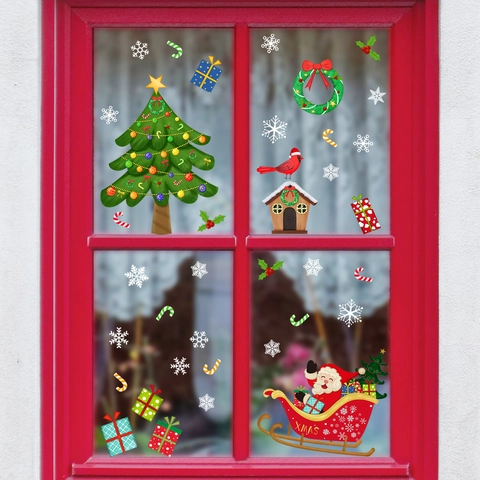 Weihnachten Fensteraufkleber Statische Haftung Weihnachtsmann Schlitten Rentier Weihnachtsbaum Doppelseitige Glasaufkleber