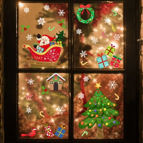 Weihnachten Fensteraufkleber Statische Haftung Weihnachtsmann Schlitten Rentier Weihnachtsbaum Doppelseitige Glasaufkleber