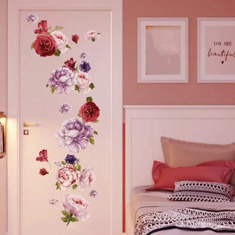 Floral Wall Stickers Peony Rose PVC Waterproof Self Adhesive Decals For Living Room Bedroom Home Decor