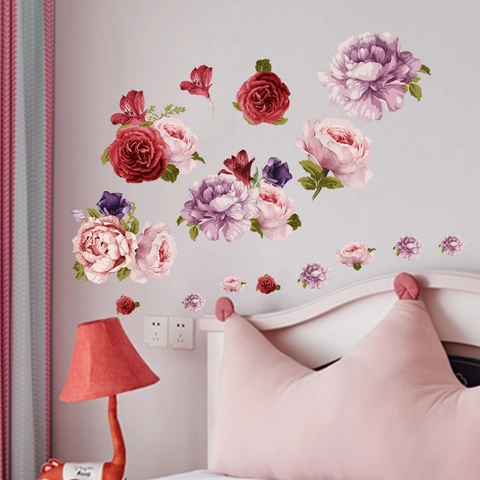 Floral Wall Stickers Peony Rose PVC Waterproof Self Adhesive Decals For Living Room Bedroom Home Decor