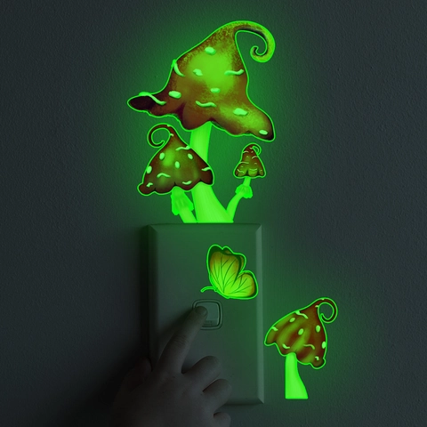 Stickers Muraux Lumineux Champignon et Papillon PVC Stickers Interrupteur Fluorescents Décoration de Maison pour Chambre Enfant