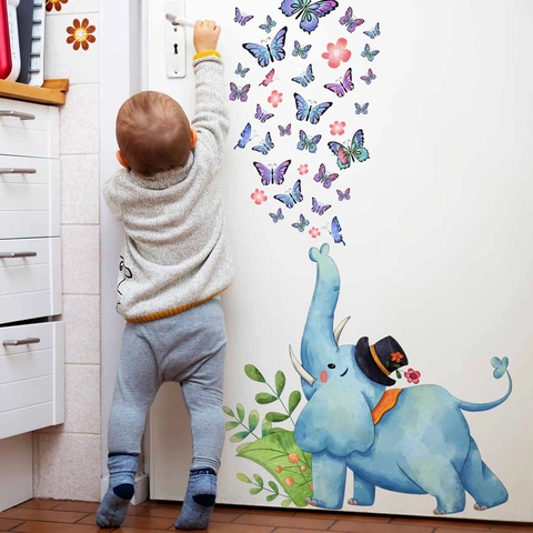 Autocollants Muraux Éléphant Et Papillon Aquarelle PVC Amovibles Décalcomanies Auto Adhésives Pour Chambre D'enfant Décor