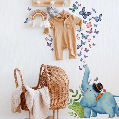 Autocollants Muraux Éléphant Et Papillon Aquarelle PVC Amovibles Décalcomanies Auto Adhésives Pour Chambre D'enfant Décor