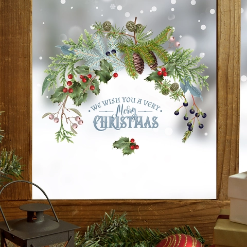 Christmas Window Stickers Static Cling PVC Pine Branch Berries Pine Cone Double Sided Visible Glass Decal Holiday Decor