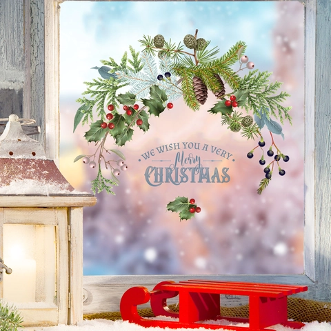 Christmas Window Stickers Static Cling PVC Pine Branch Berries Pine Cone Double Sided Visible Glass Decal Holiday Decor
