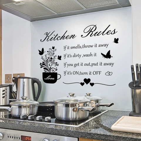 Kitchen Rules Wall Decals PVC Vinyl Removable Stickers Coffee Cup Butterfly Quote Wall Art Decor For Home Dining Room Cafe