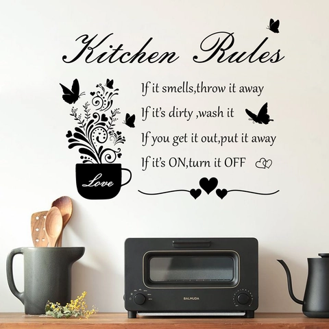 Kitchen Rules Wall Decals PVC Vinyl Removable Stickers Coffee Cup Butterfly Quote Wall Art Decor For Home Dining Room Cafe