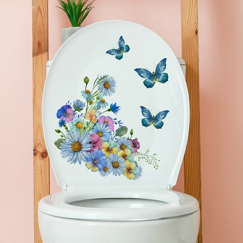 Bloemen Vlinder Toiletdeksel Sticker Waterdicht PVC Muursticker Voor Badkamer Decor Aquarel Bloem Vlinder Zelfklevend Muurschildering