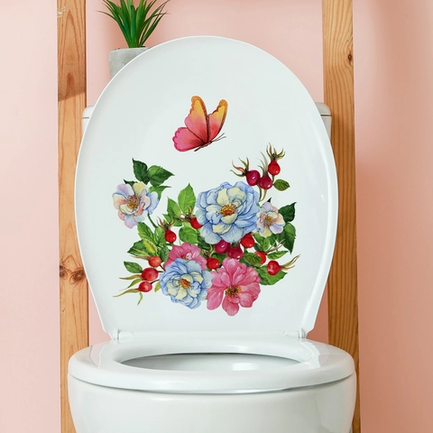 Watercolor Flower Butterfly Toilet Seat Sticker Waterproof PVC Removable Bathroom Decor Wall Decal For Home Improvement