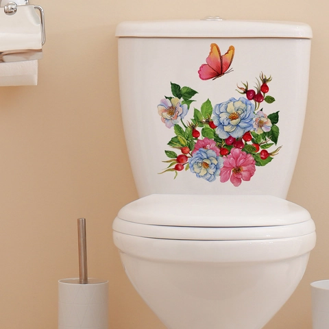 Bloemen Vlinder Toiletdeksel Sticker Waterdicht PVC Muursticker Voor Badkamer Decor Aquarel Bloem Vlinder Zelfklevend Muurschildering
