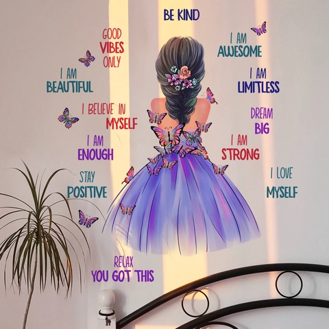 Butterfly Girl Inspirational Quotes Wall Sticker PVC Self-Adhesive Removable Decal For Bedroom Living Room Girls Room Decoration