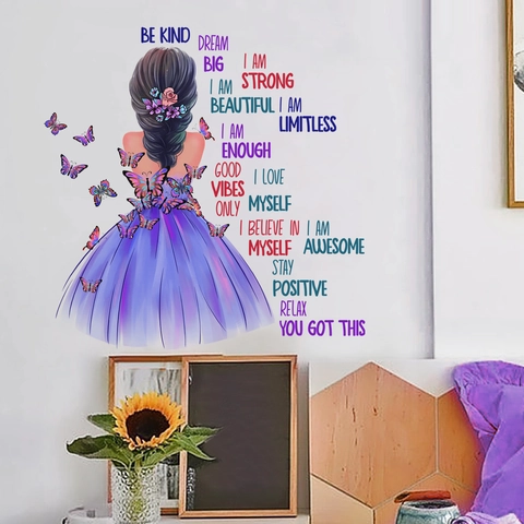 Butterfly Girl Inspirational Quotes Wall Sticker PVC Self-Adhesive Removable Decal For Bedroom Living Room Girls Room Decoration