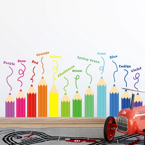 Rainbow Crayon Wall Stickers PVC Self Adhesive Educational Color Names Decals For Kids Room Bedroom Nursery Decor Colorful