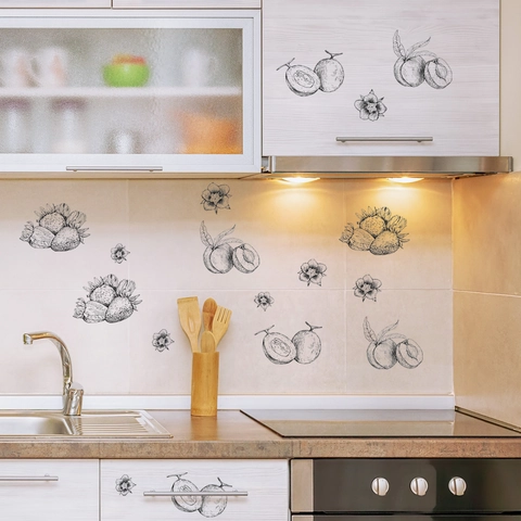 Pegatinas De Pared De Frutas Fresa Melocotón Dibujadas A Mano Estilo Boceto PVC Autoadhesivo Decoración Para Cocina Nevera